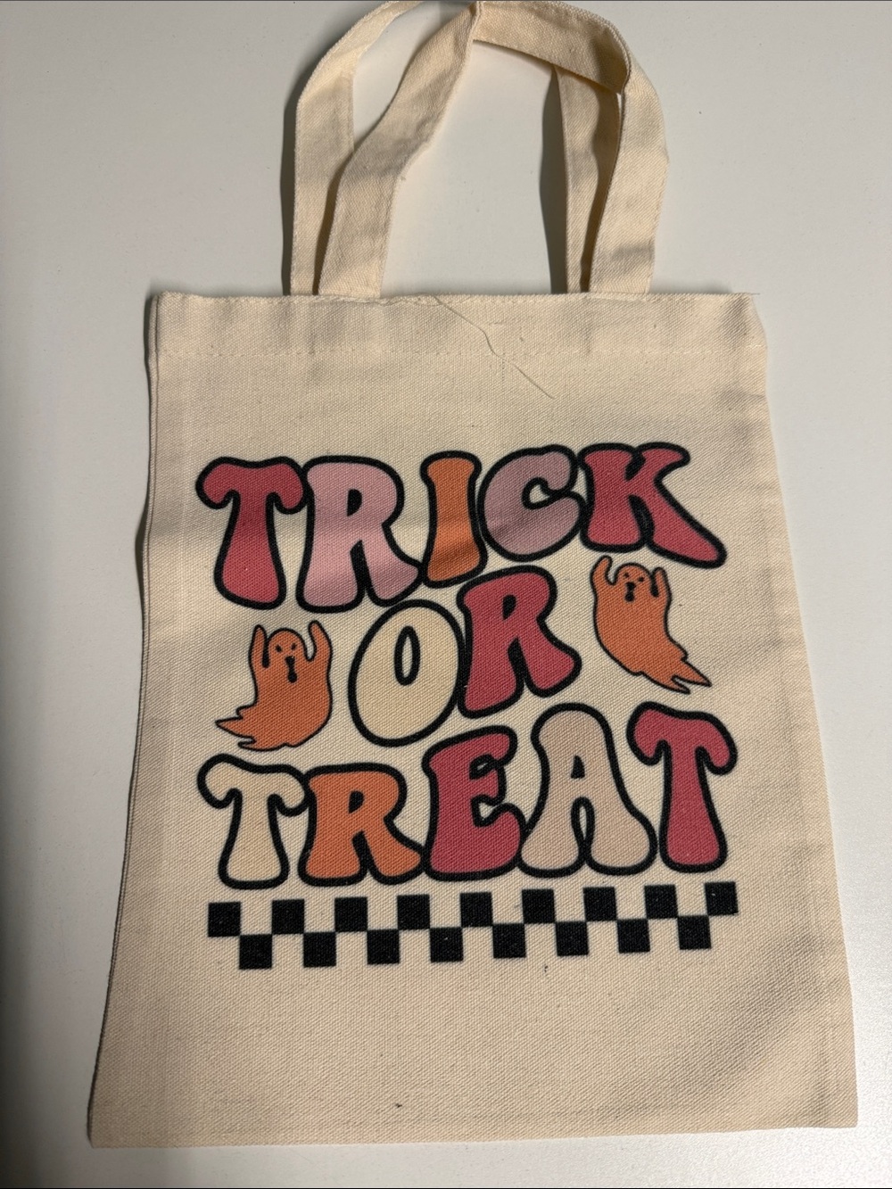 Trick or Treat Canvas Tote Bag - Cream with Pink & Orange Graphic